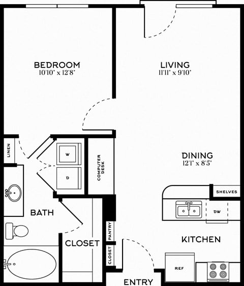 Floor plan for 1 bed, 1 bath, 724 sqft